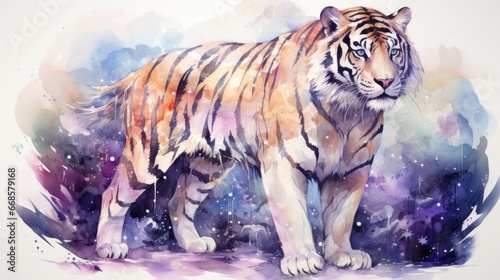 Watercolor Tiger on galaxy background  © Creda