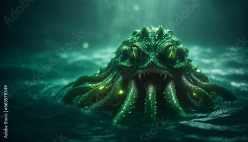 slimy green tentacled creature in an eerie lake by Generative AI