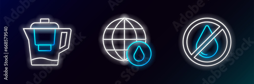 Fotografie Set line Water drop forbidden, jug with filter and Earth planet in water icon