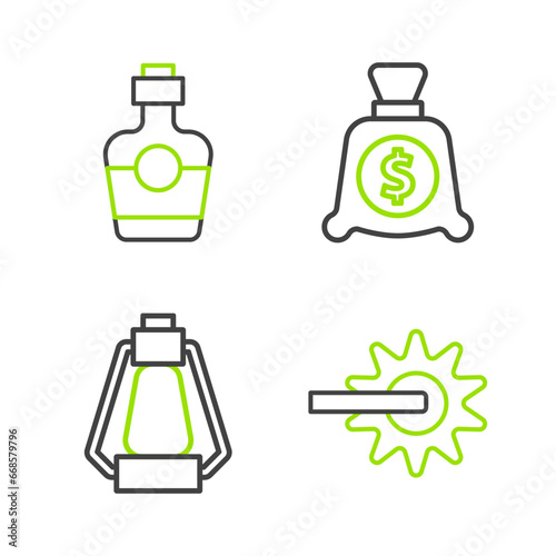 Set line Spur, Camping lantern, Money bag and Tequila bottle icon. Vector