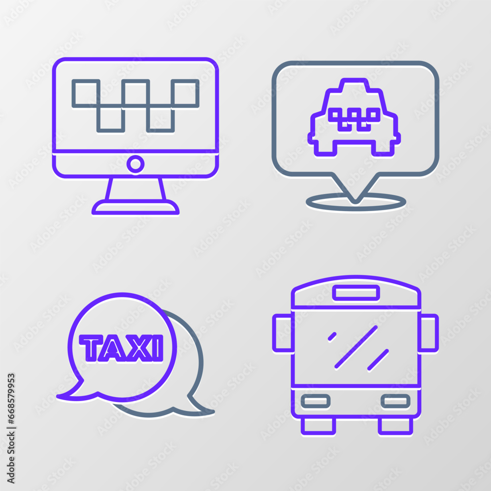 Set line Bus, Taxi call telephone service, Location with taxi and Computer icon. Vector Set line Bus, Taxi call telephone service, Location with taxi and Computer icon. Vector