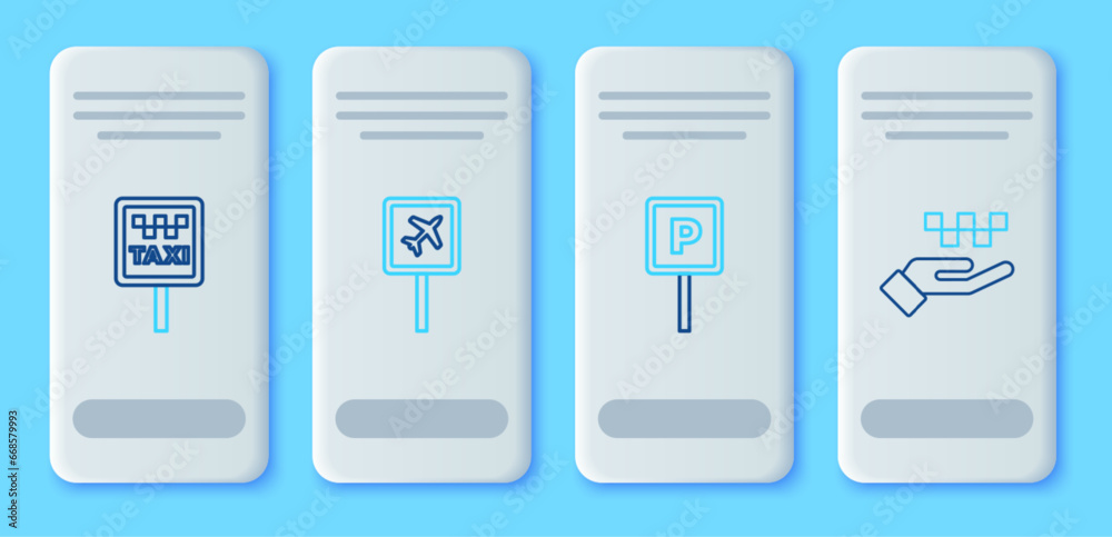 Set line Airport, Parking, Road sign for taxi stand and Hand with icon. Vector Set line Airport, Parking, Road sign for taxi stand and Hand with icon. Vector