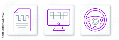 Set line Steering wheel, Taxi driver license and Computer call taxi service icon. Vector
