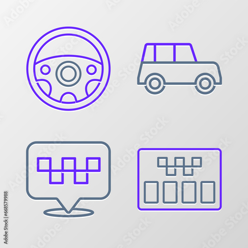 Set line Taximeter, Location with taxi, Car and Steering wheel icon. Vector