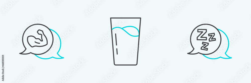 Set line Sleepy, Bodybuilder muscle and Glass with water icon. Vector