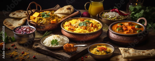 indian food collage assorted , chicken, Palak Paneer, Chiken Tikka, Biryani, 
Vegetable Curry, Papad, Dal, Palak Sabji, Jira Alu ,indian cuisine 
