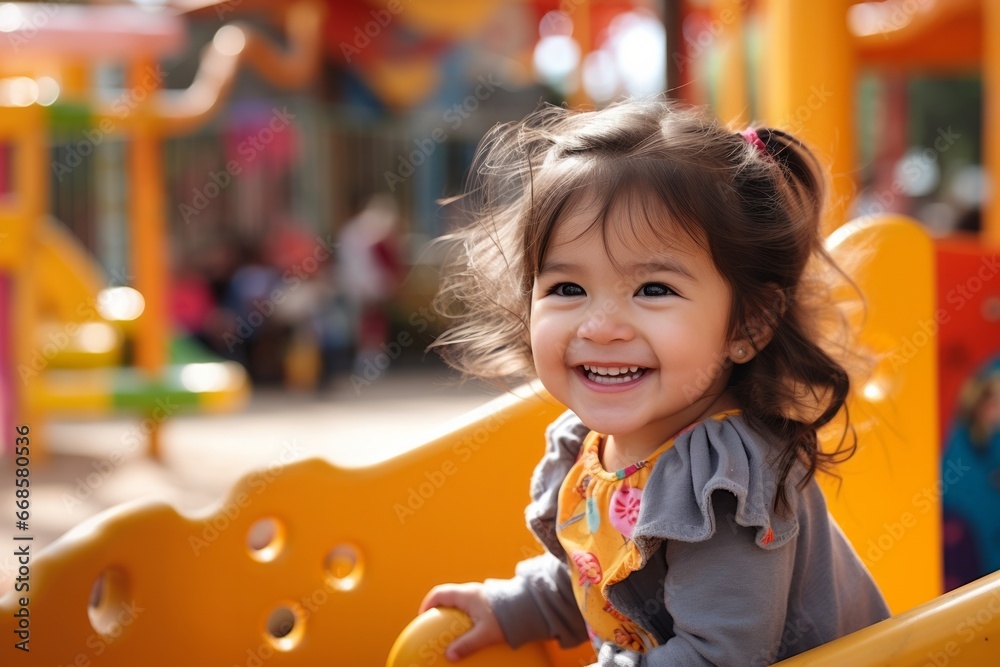 Smiling hispanic child girl in a slide in a playground outdoors. Smiling hispanic child girl in a slide in a playground outdoors.