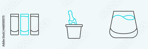 Set line Glass of whiskey, Shot glass and Champagne in an ice bucket icon. Vector