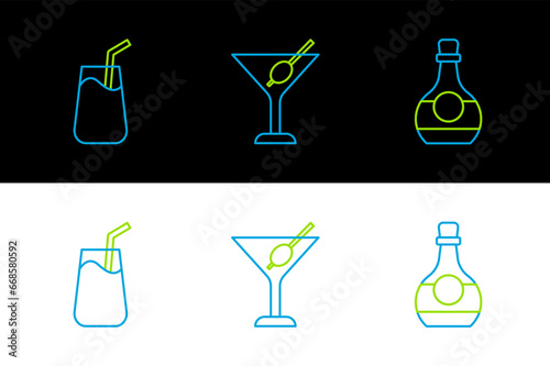 Set line Bottle of cognac or brandy, Cocktail and Martini glass icon. Vector