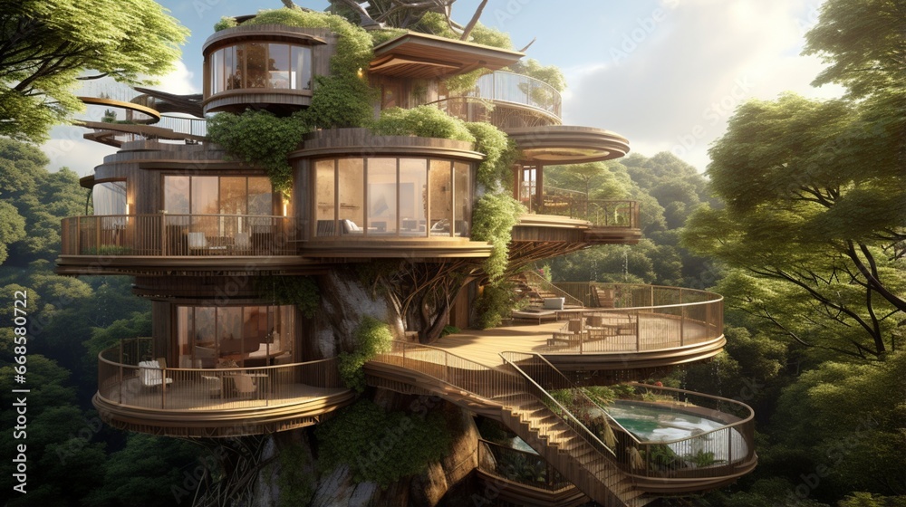 A luxury treehouse with wrap-around balconies and a built-in hot tub.