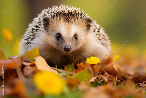 Close up of a hedgehog surrounded by fallen leaves and grass