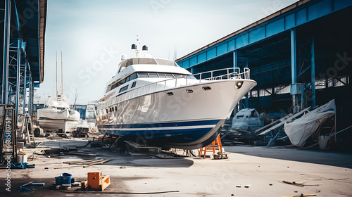 motorboat yacht in shipyard for repair and maintenance . generative ai
