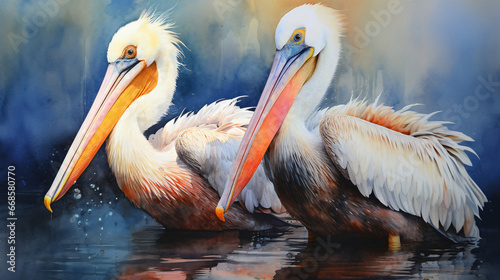 Image of a watercolor drawing of a pair of pelicans