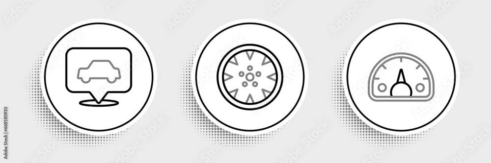 Set line Speedometer, Car service and Alloy wheel icon. Vector Set line Speedometer, Car service and Alloy wheel icon. Vector