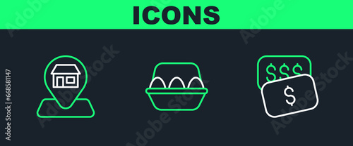 Set line New price tag dollar, Location Market store and Chicken egg in box icon. Vector