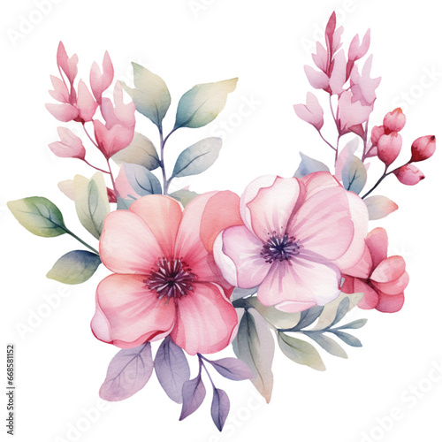 Watercolor pastel pink and white flowers bouquet illustration isolated transparent background