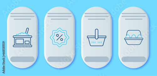 Set line Discount percent tag, Shopping basket, Tin can with caviar and Chicken egg box icon. Vector