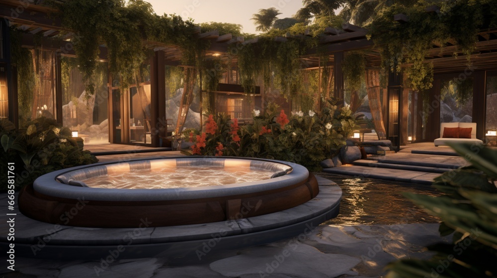 A luxurious outdoor spa with individual treatment pavilions and aromatic gardens.