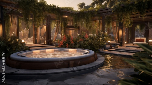 A luxurious outdoor spa with individual treatment pavilions and aromatic gardens.