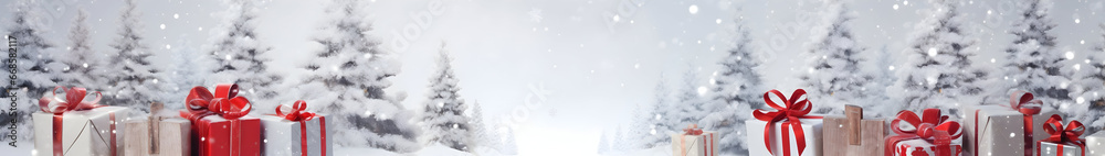 Christmas gift group with red ribbons and snow covered spruce trees and red baubles in the background, snowfall on abstract background with snowflakes and sparkles.