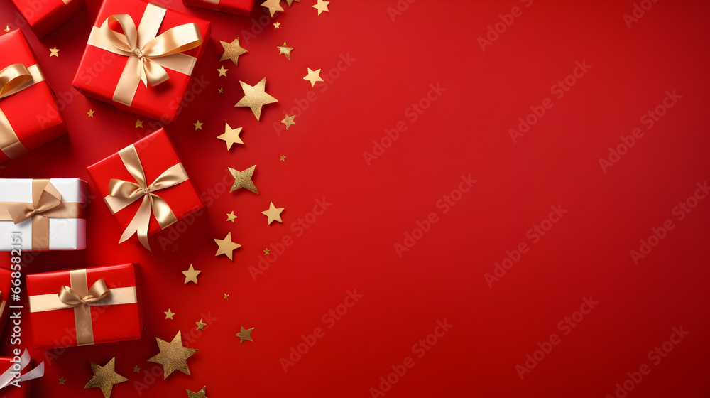 Christmas gifts with red ribbons and decorations in a row on red abstract background. Flat lay, top view, copyspace. Christmas gifts with red ribbons and decorations in a row on red abstract background. Flat lay, top view, copyspace.
