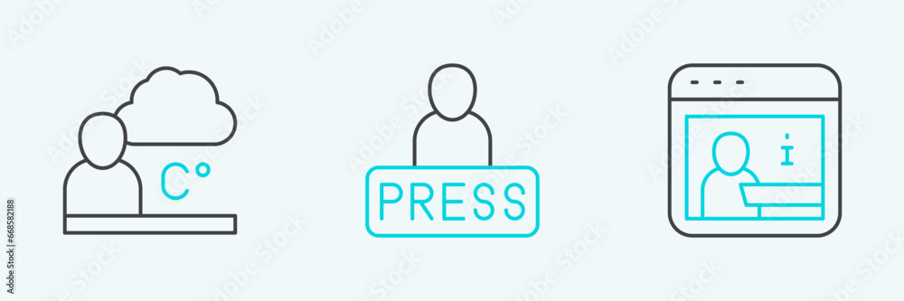 Set line Information, Weather forecast and Journalist news icon. Vector
