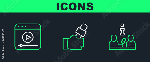 Set line Interview, Live stream and Journalist news icon. Vector