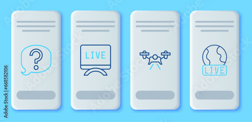 Set line Live report, Drone, Speech bubble chat and icon. Vector
