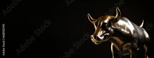 A monument of a bronze bull in the center of the street as a symbol of the stock market. AI generated.