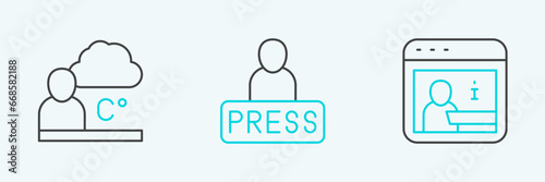 Set line Information, Weather forecast and Journalist news icon. Vector