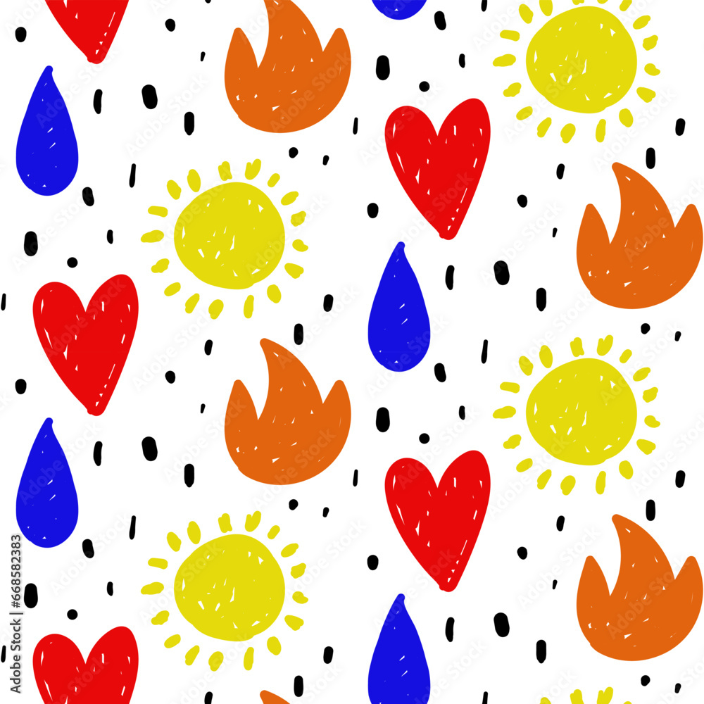 Random abstract icons with seamless pattern. A flame, a drop of a cart, the sun, a heart on white. Vector background for postcards of web pages, greeting cards, invitations. For children's bedroom