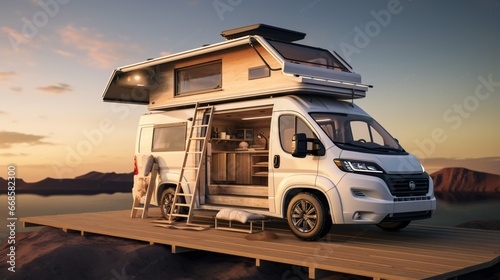 A modern luxury camper van with a rooftop yoga deck and panoramic windows.