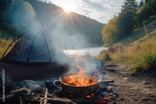 Wallpaper Mural Tent near the river in summer with a fire and a pot from which steam comes from food. Torontodigital.ca