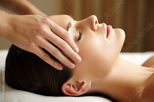 SPA massage of head, neck of happy woman. Beautiful body wellness relaxation. AI generated. © Serhii