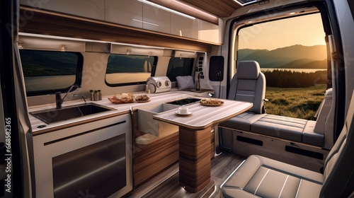 A modern luxury camper van with expandable sections and high-end finishes.