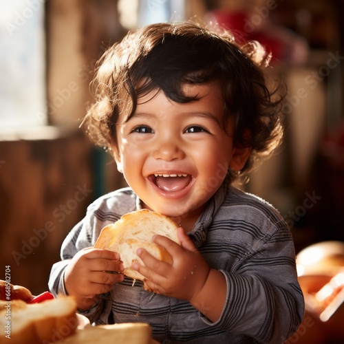 Smiling hispanic child boy eating bread in the kitchen.