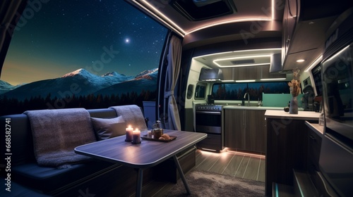A modern luxury camper van with a rooftop cinema and starlit ceiling.