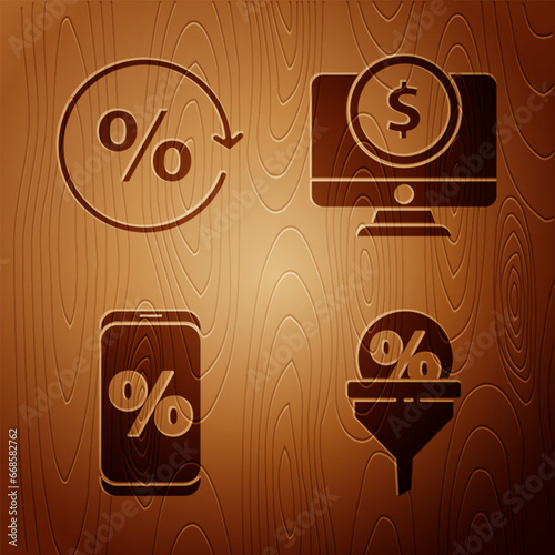 Set Lead management, Discount percent tag, Percent discount and mobile and Computer monitor with dollar on wooden background. Vector