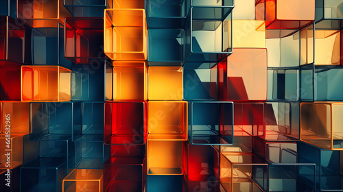 Geometric Cubes in Vivid Hues Reflecting Ambient Light and Shadows in Abstract Composition
