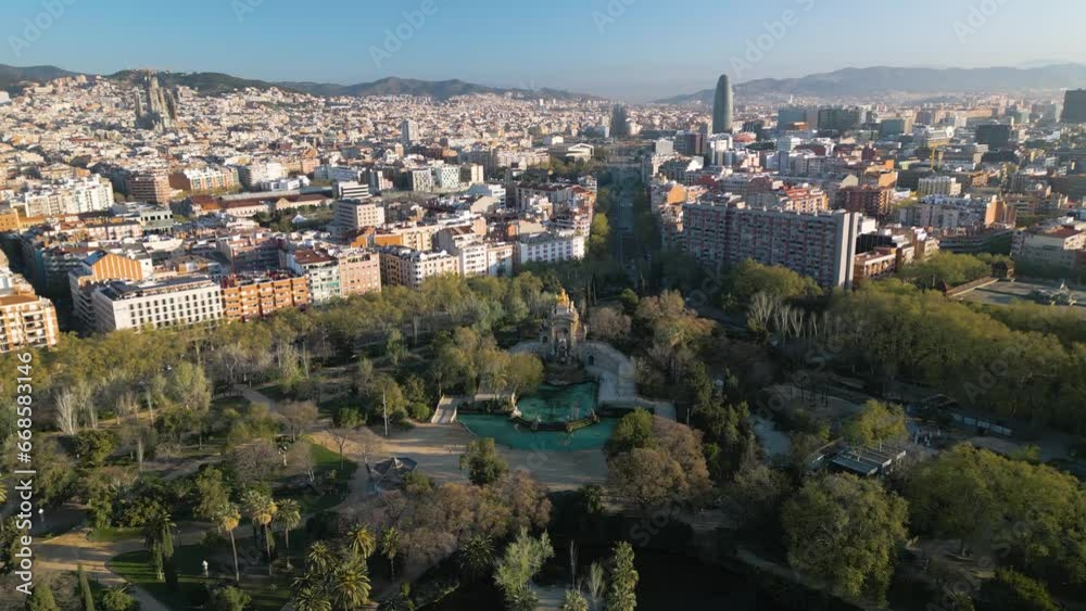 Beautiful Orbiting Drone Shot Over Cascada Monumental (Gran Cascada). Ciutadella Park, Barcelona, Spain Beautiful Orbiting Drone Shot Over Cascada Monumental (Gran Cascada). Ciutadella Park, Barcelona, Spain