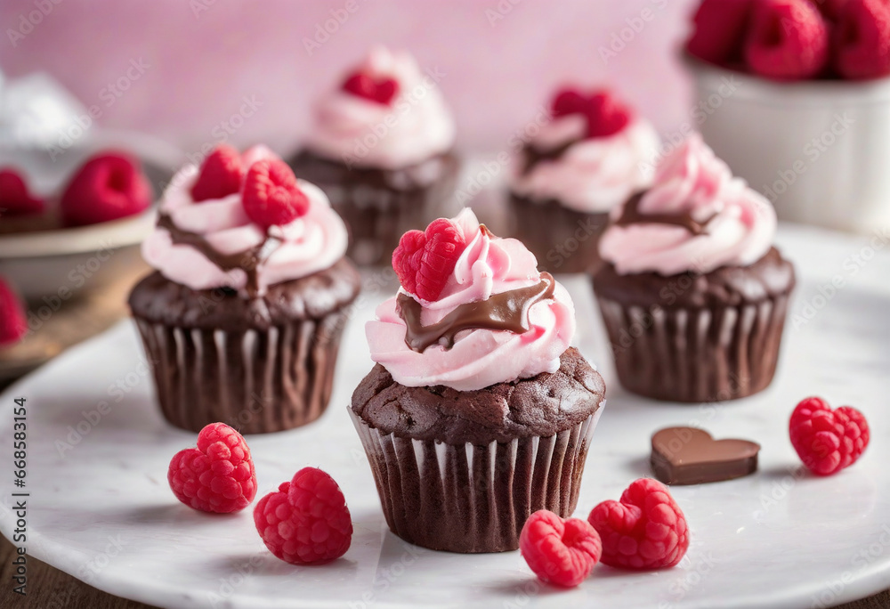 Close-Up of Cute Chocolate Muffins with Pink Cream for Valentine's Day