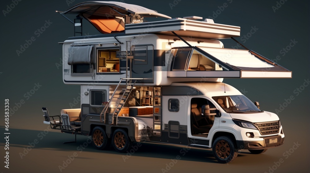 A modern luxury camper with a rooftop deck and telescopic awnings.