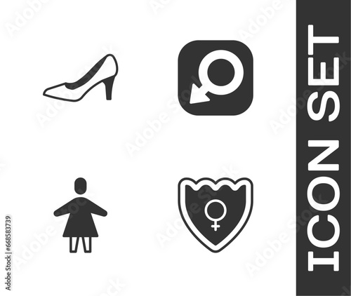 Set Gender shield, Female, Woman shoe, and Male gender icon. Vector