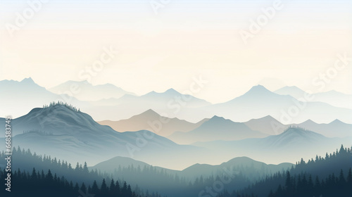 landscape with fog, forest, mountains, morning sunlight. Illustration panoramic, fogs. generative ai © Witri
