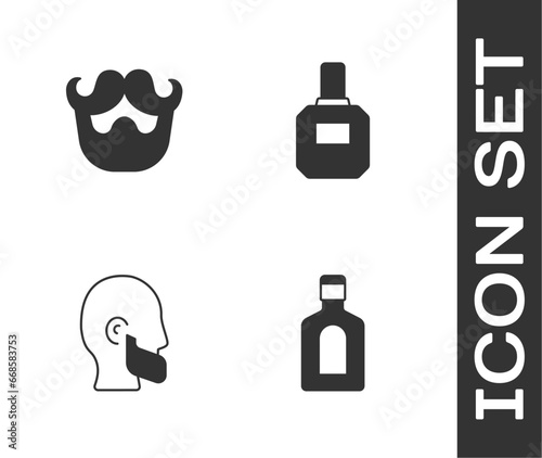 Set Bottle of shampoo, Mustache and beard, and Aftershave icon. Vector