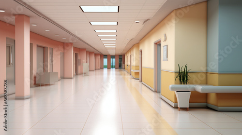 Empty modern hospital corridor  clinic hallway interior background. waiting room. generative ai