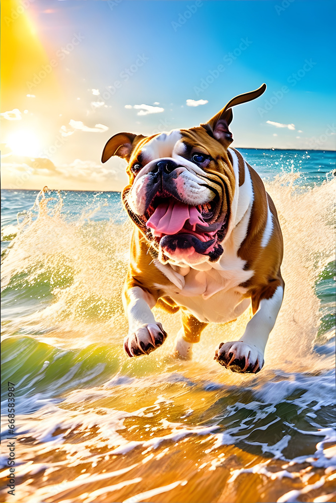 Playful Bulldog Explores the Vibrant Beach Paradise. Generative AI