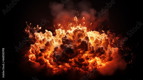 Huge, extremely hot explosion with sparks and hot smoke, against black background