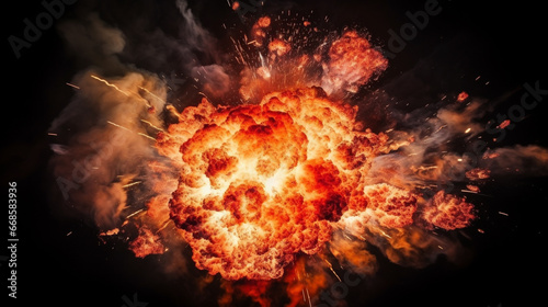 Huge, extremely hot explosion with sparks and hot smoke, against black background