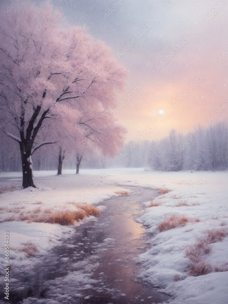 Fototapeta premium Pastel Nature landscape with snowy winter landscape